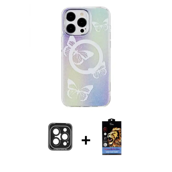 ieg™ iPhone 15 Pro Max Kılıf Pusula Form - Siyah Buffer Hayalet Cam Ekran Koruyucu + PVD Metal Kamera Lens - SH