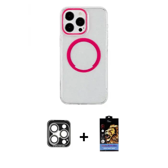 ieg™ iPhone 15 Pro Max Kılıf Pusula Form - Siyah Buffer Hayalet Cam Ekran Koruyucu + PVD Metal Kamera Lens - GS