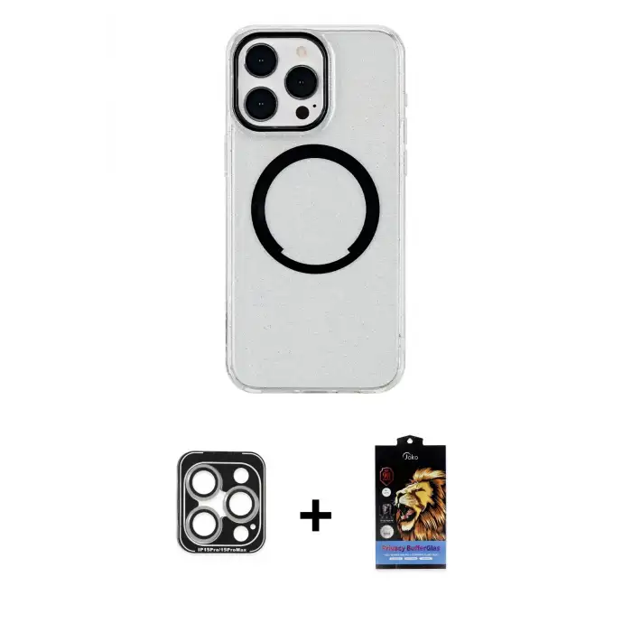 ieg™ iPhone 15 Pro Max Kılıf Pusula Form - Siyah Buffer Hayalet Cam Ekran Koruyucu + PVD Metal Kamera Lens - GS