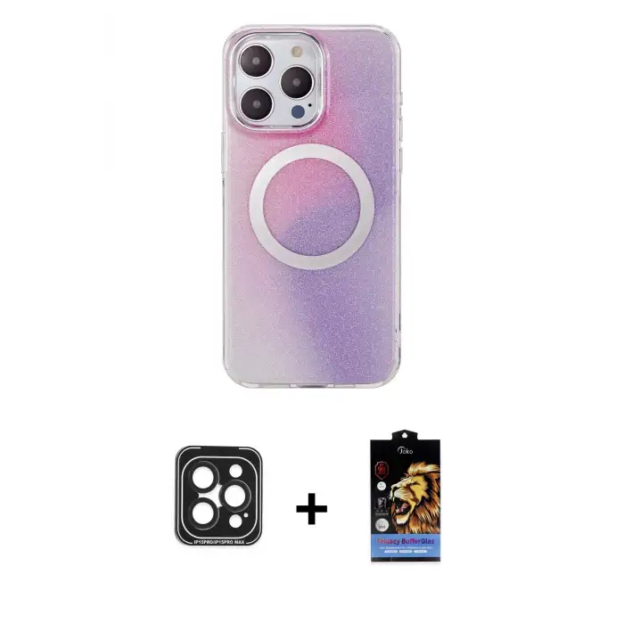 ieg™ iPhone 15 Pro Max Kılıf Pusula Form - Siyah Buffer Hayalet Cam Ekran Koruyucu + PVD Metal Kamera Lens - SH