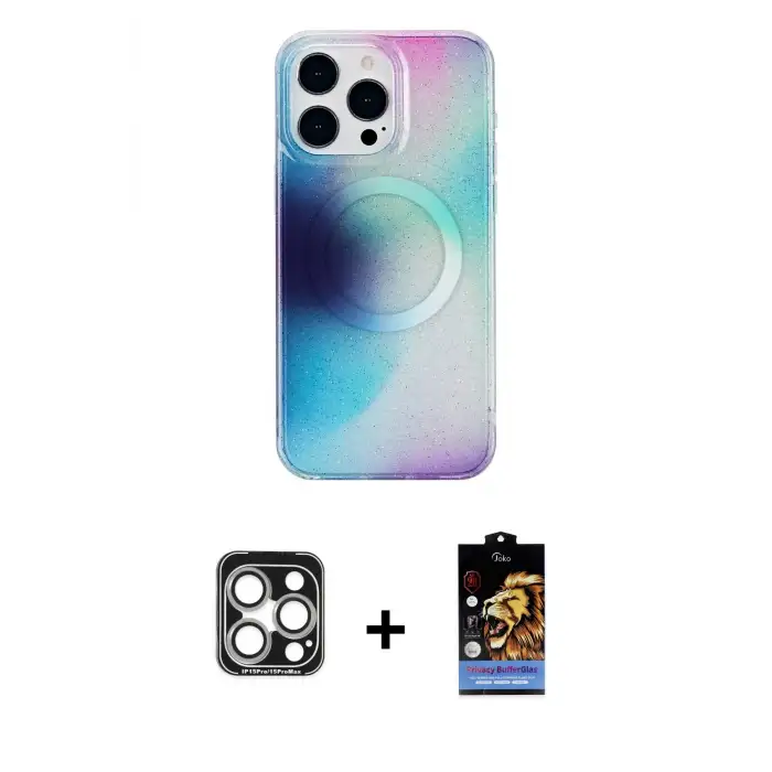 ieg™ iPhone 15 Pro Max Kılıf Pusula Form - Siyah Buffer Hayalet Cam Ekran Koruyucu + PVD Metal Kamera Lens - GS
