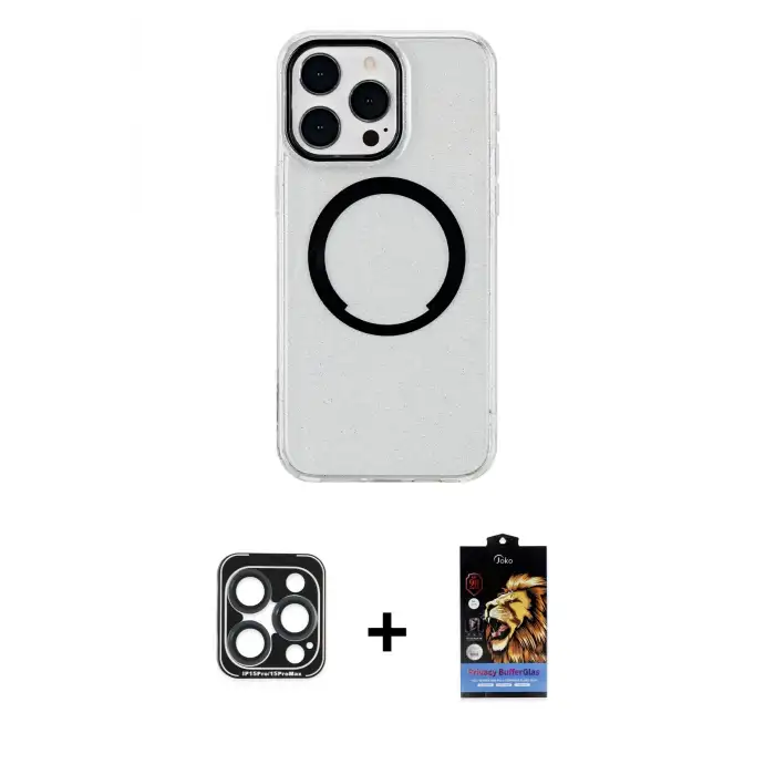 ieg™ iPhone 15 Pro Max Kılıf Pusula Form - Siyah Buffer Hayalet Cam Ekran Koruyucu + PVD Metal Kamera Lens - LT