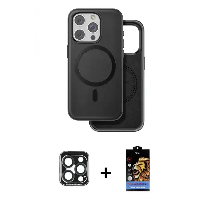 ieg™ iPhone 15 Pro Max Kılıf Pusula Işık Koleksiyonu - Siyah Buffer Hayalet Cam Ekran Koruyucu + PVD Metal Kamera Lens - LT
