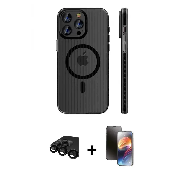 ieg™ iPhone 15 Pro Max Kılıf Pusula Minimal Koleksiyonu - Siyah 3D Antistatik Mat Seramik Nano Ekran Koruyucu + Raze Metal Kamera Lens - SH