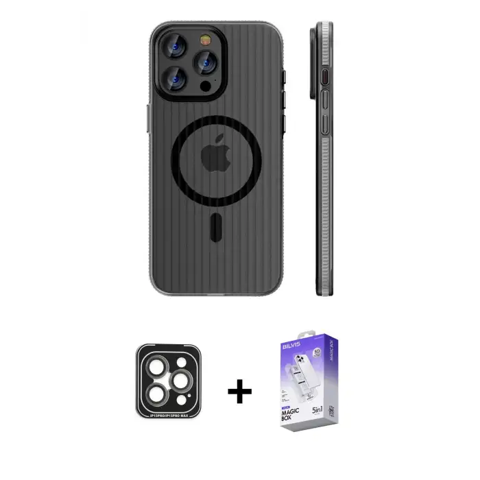 ieg™ iPhone 15 Pro Max Kılıf Pusula Minimal Koleksiyonu - Siyah Bilvis 5in1 3D Magic Cam Ekran Koruyucu + PVD Metal Kamera Lens - GI