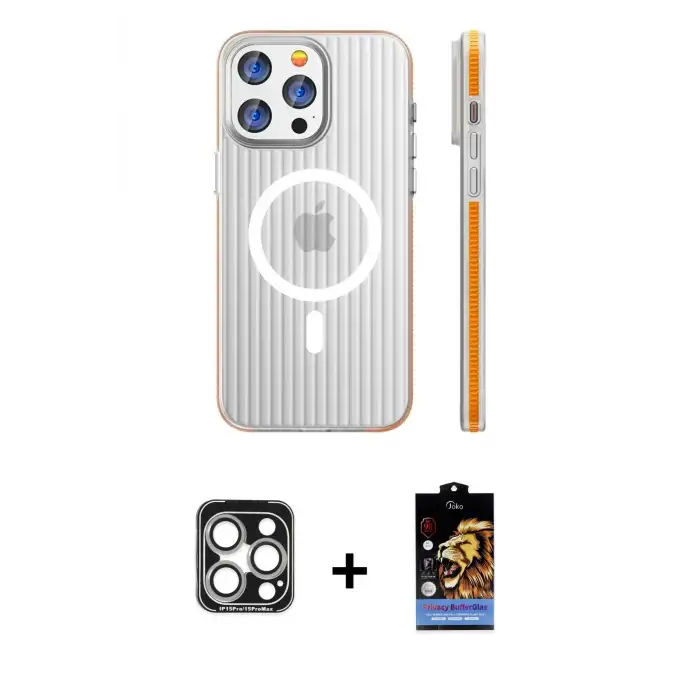 ieg™ iPhone 15 Pro Max Kılıf Pusula Minimal Koleksiyonu - Siyah Buffer Hayalet Cam Ekran Koruyucu + PVD Metal Kamera Lens - GS
