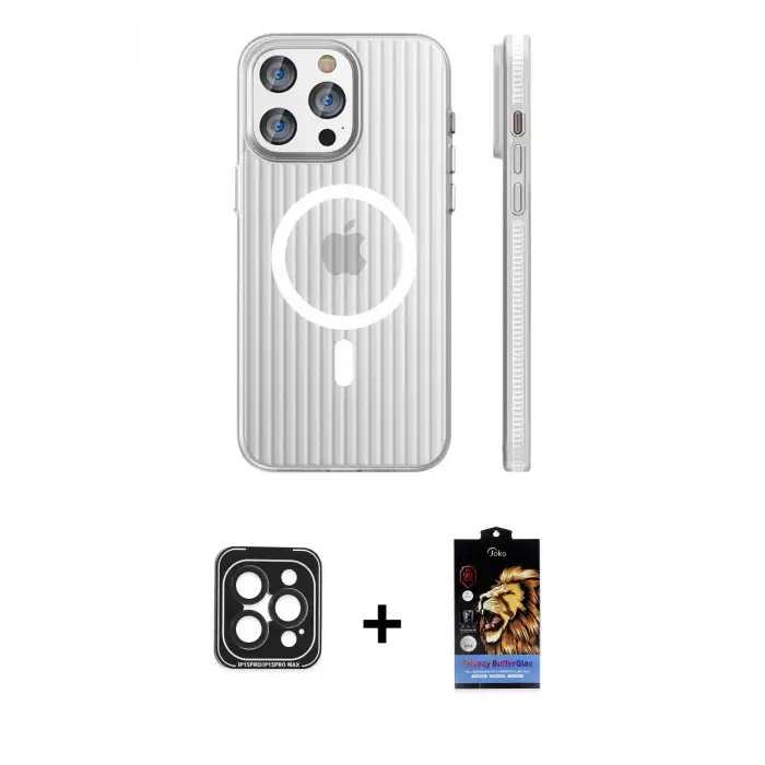 ieg™ iPhone 15 Pro Max Kılıf Pusula Minimal Koleksiyonu - Siyah Buffer Hayalet Cam Ekran Koruyucu + PVD Metal Kamera Lens - SH