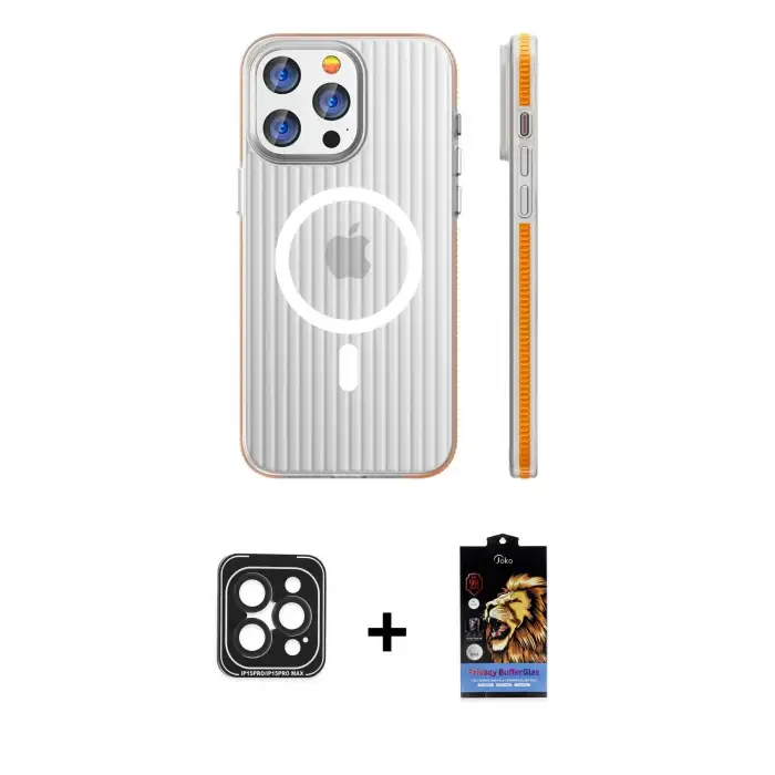 ieg™ iPhone 15 Pro Max Kılıf Pusula Minimal Koleksiyonu - Siyah Buffer Hayalet Cam Ekran Koruyucu + PVD Metal Kamera Lens - SH