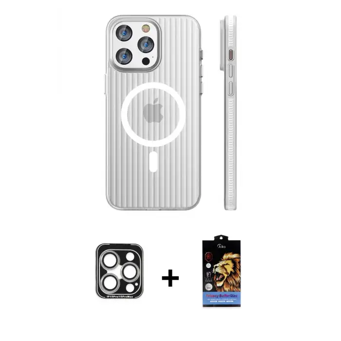 ieg™ iPhone 15 Pro Max Kılıf Pusula Minimal Koleksiyonu - Siyah Buffer Hayalet Cam Ekran Koruyucu + PVD Metal Kamera Lens - GS
