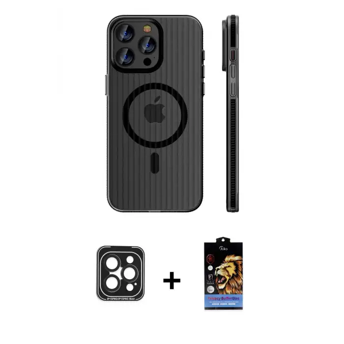 ieg™ iPhone 15 Pro Max Kılıf Pusula Minimal Koleksiyonu - Siyah Buffer Hayalet Cam Ekran Koruyucu + PVD Metal Kamera Lens - SH