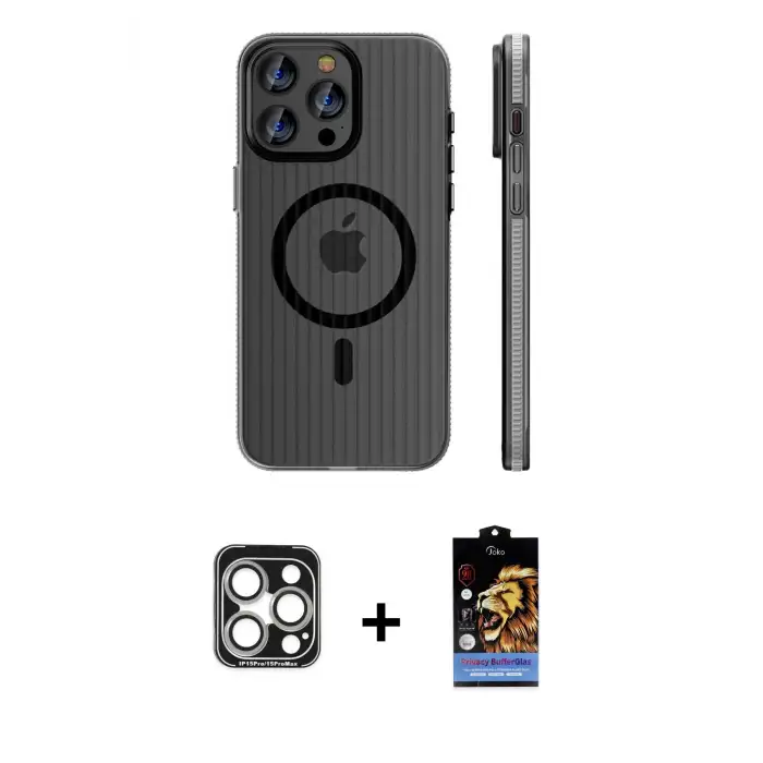 ieg™ iPhone 15 Pro Max Kılıf Pusula Minimal Koleksiyonu - Siyah Buffer Hayalet Cam Ekran Koruyucu + PVD Metal Kamera Lens - GS