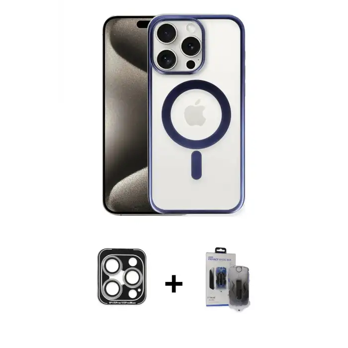 ieg™ iPhone 15 Pro Max Kılıf Siluet Çizgi Serisi - Siyah Vanessa Magic Hayalet Cam + PVD Metal Kamera Lens - GS