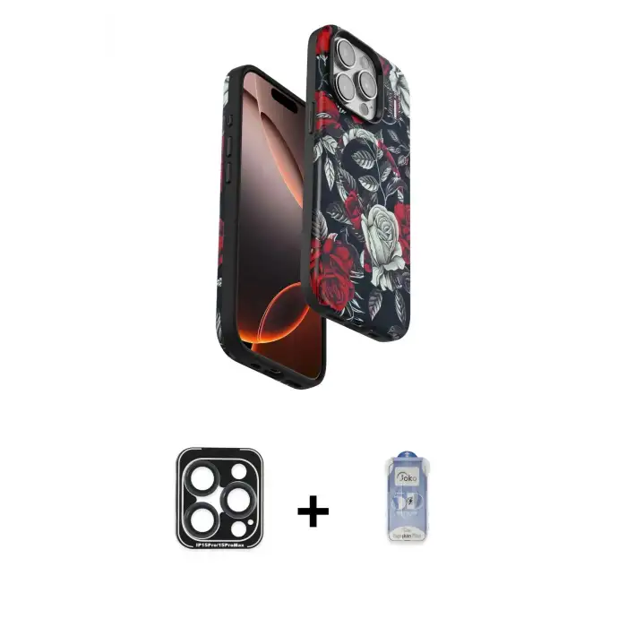 ieg™ iPhone 15 Pro Max Kılıf Siluet Doku - Siyah Joko Magic 5D Cam + PVD Metal Kamera Lens - LT