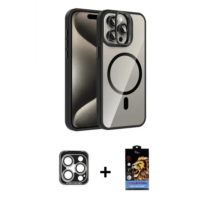 ieg™ iPhone 15 Pro Max Kılıf Yadigar Asil Koleksiyonu - Siyah Buffer Hayalet Cam Ekran Koruyucu + PVD Metal Kamera Lens - GS