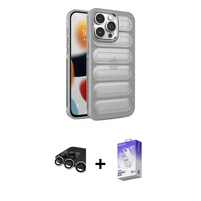 ieg™ iPhone 15 Pro Max Kılıf Yadigar Doku Özel Seri - Siyah Bilvis 5in1 3D Magic Cam Ekran Koruyucu + Raze Metal Kamera Lens - GS