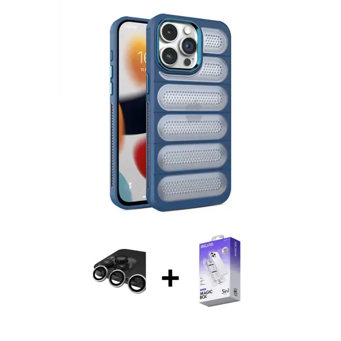 ieg™ iPhone 15 Pro Max Kılıf Yadigar Doku Özel Seri - Siyah Bilvis 5in1 3D Magic Cam Ekran Koruyucu + Raze Metal Kamera Lens - GS