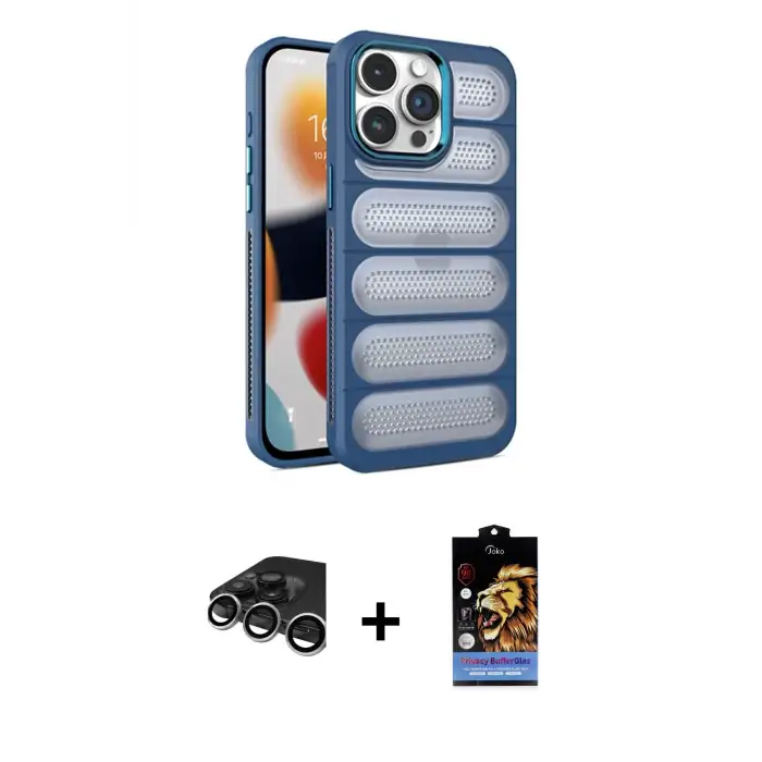 ieg™ iPhone 15 Pro Max Kılıf Yadigar Doku Özel Seri - Siyah Buffer Hayalet Cam Ekran Koruyucu + Raze Metal Kamera Lens - GS