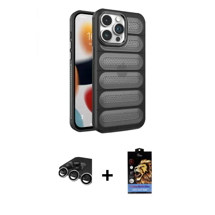 ieg™ iPhone 15 Pro Max Kılıf Yadigar Doku Özel Seri - Siyah Buffer Hayalet Cam Ekran Koruyucu + Raze Metal Kamera Lens - GS