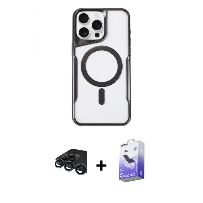 ieg™ iPhone 15 Pro Max Kılıf Yadigar Klasik Özel Seri - Siyah Bilvis 5in1 5D Magic Hayalet Cam Ekran Koruyucu + Raze Metal Kamera Lens - LT
