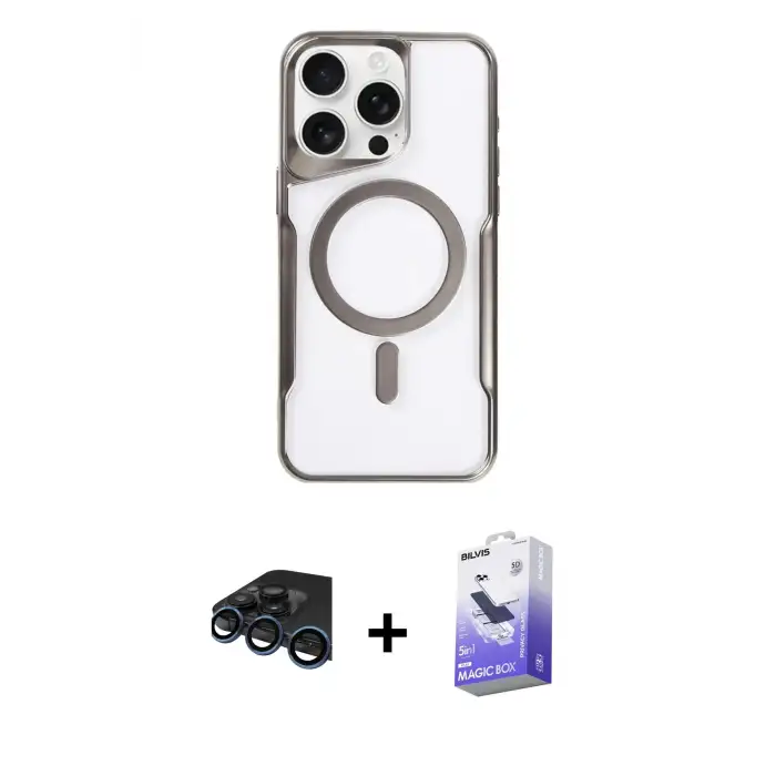 ieg™ iPhone 15 Pro Max Kılıf Yadigar Klasik Özel Seri - Siyah Bilvis 5in1 5D Magic Hayalet Cam Ekran Koruyucu + Raze Metal Kamera Lens - LT