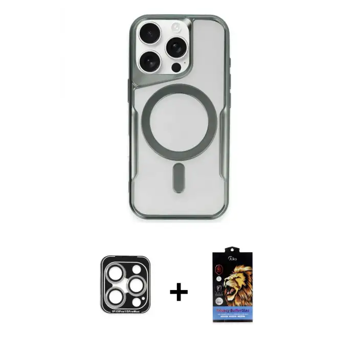 ieg™ iPhone 15 Pro Max Kılıf Yadigar Klasik Özel Seri - Siyah Buffer Hayalet Cam Ekran Koruyucu + PVD Metal Kamera Lens - GS