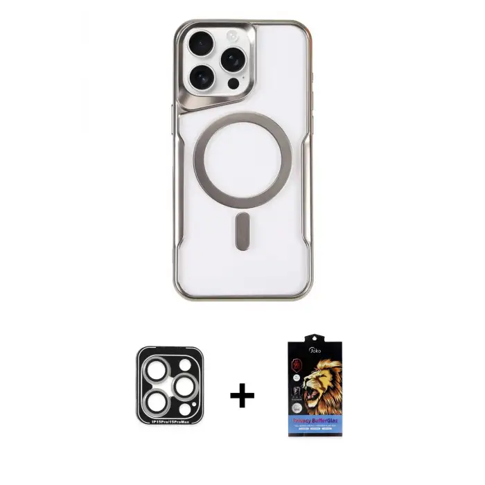 ieg™ iPhone 15 Pro Max Kılıf Yadigar Klasik Özel Seri - Siyah Buffer Hayalet Cam Ekran Koruyucu + PVD Metal Kamera Lens - GS