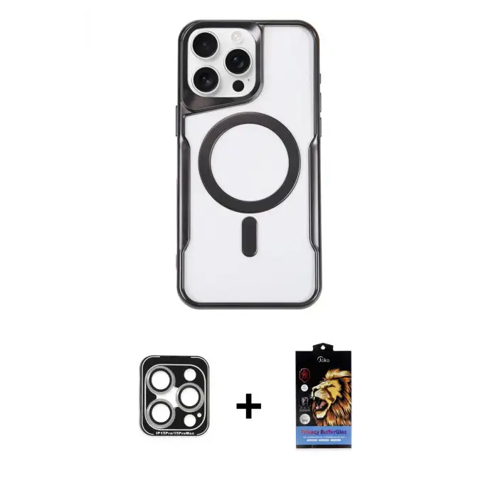 ieg™ iPhone 15 Pro Max Kılıf Yadigar Klasik Özel Seri - Siyah Buffer Hayalet Cam Ekran Koruyucu + PVD Metal Kamera Lens - GS