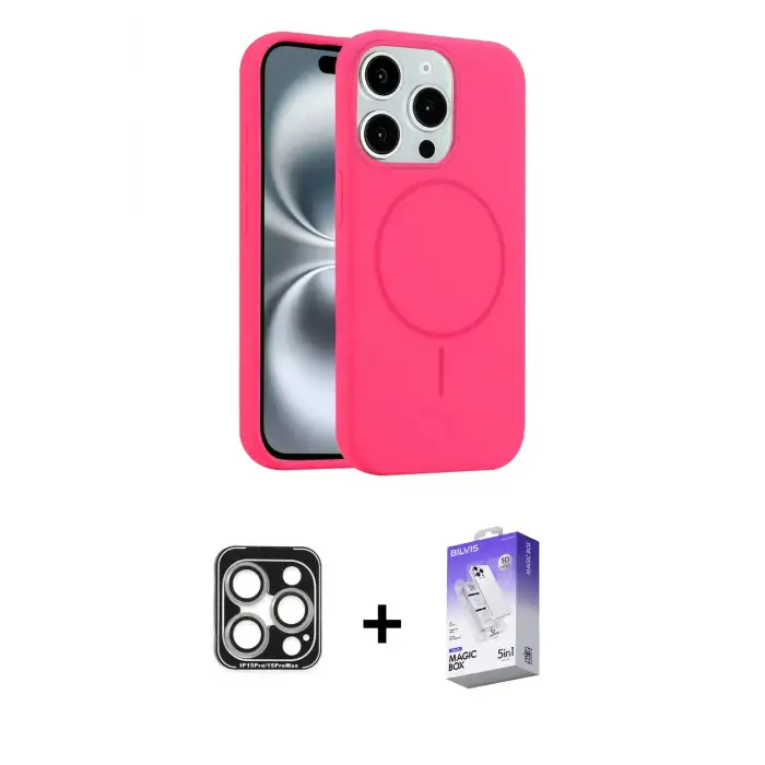 ieg™ iPhone 15 Pro Max Kılıf Yankı Form Serisi - Siyah Bilvis 5in1 3D Magic Cam Ekran Koruyucu + PVD Metal Kamera Lens - GS