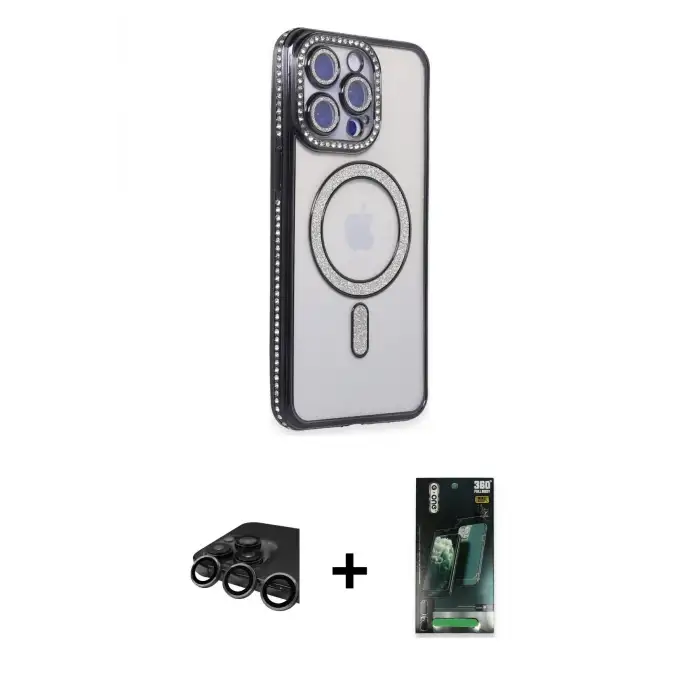 ieg™ iPhone 15 Pro Max Kılıf Zirve Doku Prime - Siyah 360 Mat Full Body Arka Koruyucu + Raze Metal Kamera Lens - TMGI