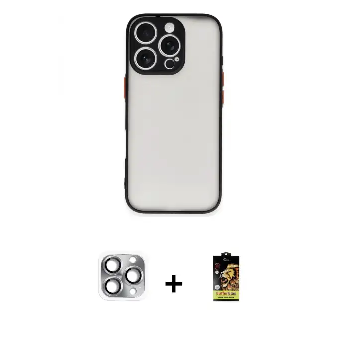 ieg™ iPhone 16 Pro Max Kılıf Ahenk Çizgi Serisi - Siyah Buffer Cam Ekran Koruyucu + Pers Alüminyum Kamera Lens - GI