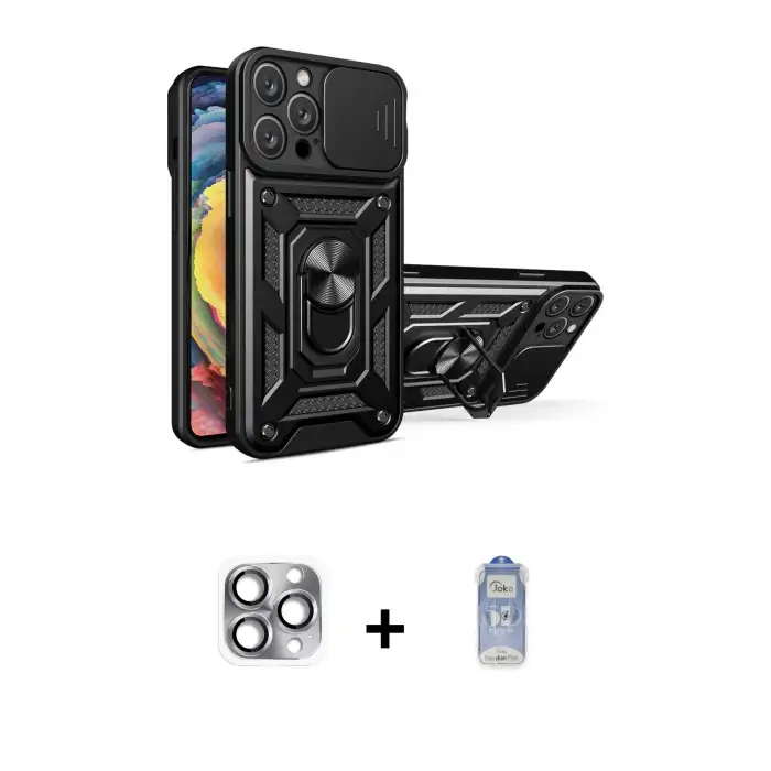ieg™ iPhone 16 Pro Max Kılıf Ahenk Klasik - Siyah Joko Magic 5D Cam + Pers Alüminyum Kamera Lens - GI