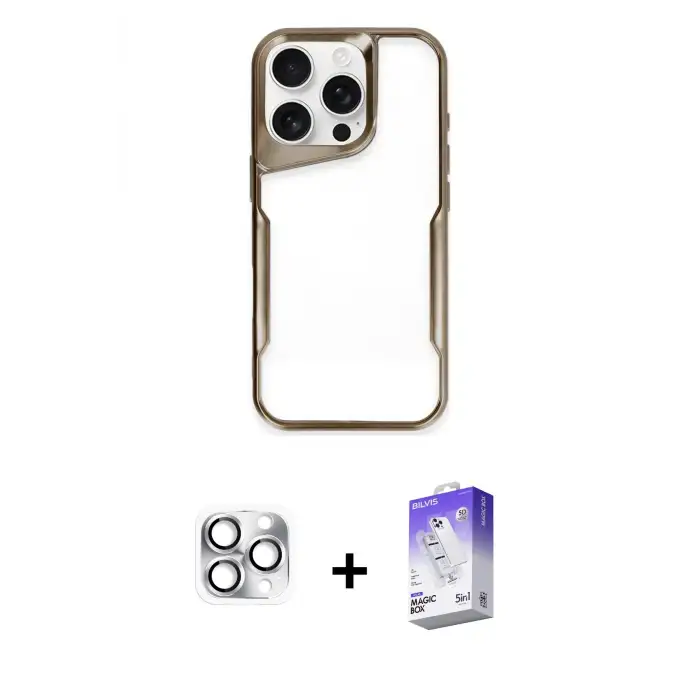 ieg™ iPhone 16 Pro Max Kılıf Akış Çizgi Koleksiyonu - Siyah Bilvis 5in1 3D Magic Cam Ekran Koruyucu + Pers Alüminyum Kamera Lens - GS