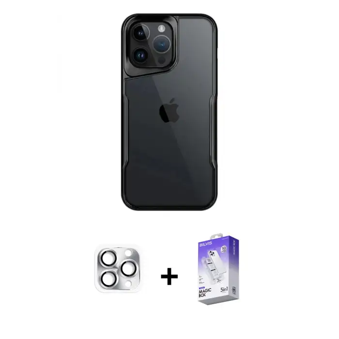ieg™ iPhone 16 Pro Max Kılıf Akış Çizgi Koleksiyonu - Siyah Bilvis 5in1 3D Magic Cam Ekran Koruyucu + Pers Alüminyum Kamera Lens - GS