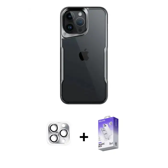 ieg™ iPhone 16 Pro Max Kılıf Akış Çizgi Koleksiyonu - Siyah Bilvis 5in1 3D Magic Cam Ekran Koruyucu + Pers Alüminyum Kamera Lens - GS