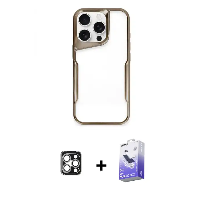 ieg™ iPhone 16 Pro Max Kılıf Akış Çizgi Koleksiyonu - Siyah Bilvis 5in1 5D Magic Hayalet Cam Ekran Koruyucu + PVD Metal Kamera Lens - GS
