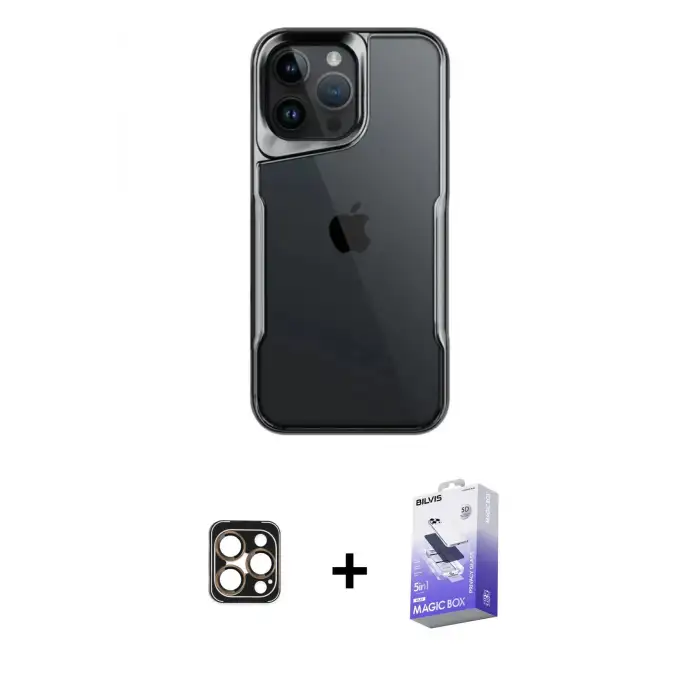 ieg™ iPhone 16 Pro Max Kılıf Akış Çizgi Koleksiyonu - Siyah Bilvis 5in1 5D Magic Hayalet Cam Ekran Koruyucu + PVD Metal Kamera Lens - GD