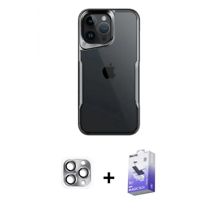 ieg™ iPhone 16 Pro Max Kılıf Akış Çizgi Koleksiyonu - Siyah Bilvis 5in1 5D Magic Hayalet Cam Ekran Koruyucu + Pers Alüminyum Kamera Lens - GI
