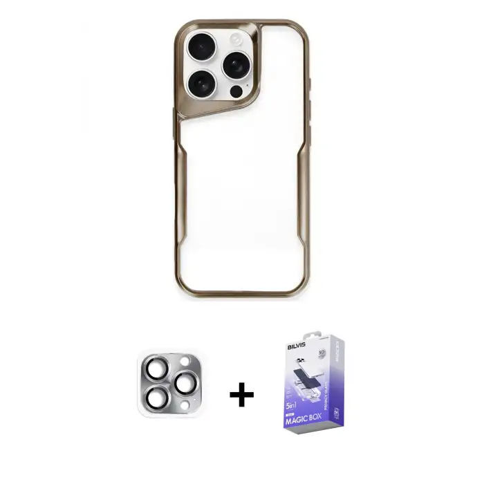ieg™ iPhone 16 Pro Max Kılıf Akış Çizgi Koleksiyonu - Siyah Bilvis 5in1 5D Magic Hayalet Cam Ekran Koruyucu + Pers Alüminyum Kamera Lens - GI