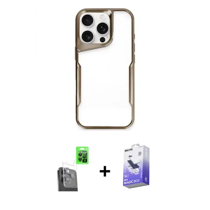 ieg™ iPhone 16 Pro Max Kılıf Akış Çizgi Koleksiyonu - Siyah Bilvis 5in1 5D Magic Hayalet Cam Ekran Koruyucu + Raze Metal Kamera Lens - SH