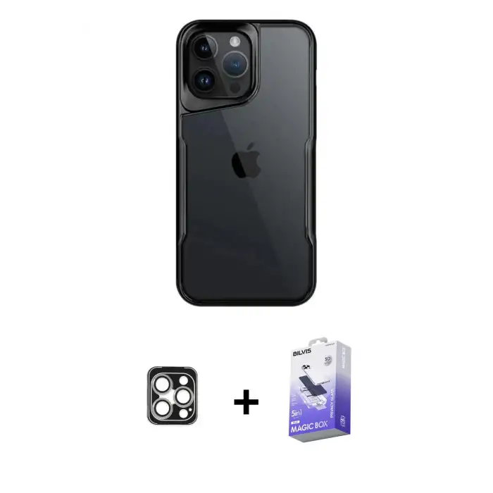 ieg™ iPhone 16 Pro Max Kılıf Akış Çizgi Koleksiyonu - Siyah Bilvis 5in1 5D Magic Hayalet Cam Ekran Koruyucu + PVD Metal Kamera Lens - GS