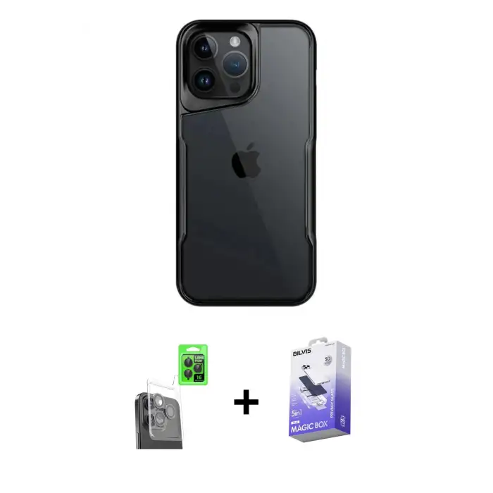 ieg™ iPhone 16 Pro Max Kılıf Akış Çizgi Koleksiyonu - Siyah Bilvis 5in1 5D Magic Hayalet Cam Ekran Koruyucu + Raze Metal Kamera Lens - SH