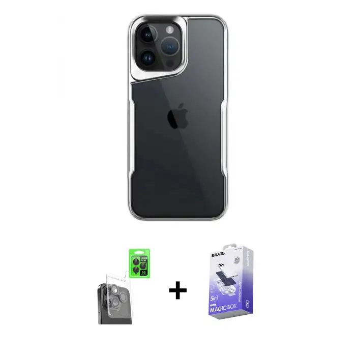 ieg™ iPhone 16 Pro Max Kılıf Akış Çizgi Koleksiyonu - Siyah Bilvis 5in1 5D Magic Hayalet Cam Ekran Koruyucu + Raze Metal Kamera Lens - SH