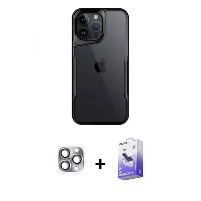 ieg™ iPhone 16 Pro Max Kılıf Akış Çizgi Koleksiyonu - Siyah Bilvis 5in1 5D Magic Hayalet Cam Ekran Koruyucu + Pers Alüminyum Kamera Lens - GI