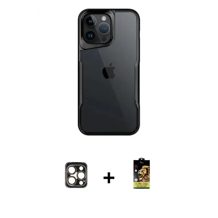 ieg™ iPhone 16 Pro Max Kılıf Akış Çizgi Koleksiyonu - Siyah Buffer Cam Ekran Koruyucu + PVD Metal Kamera Lens - GD