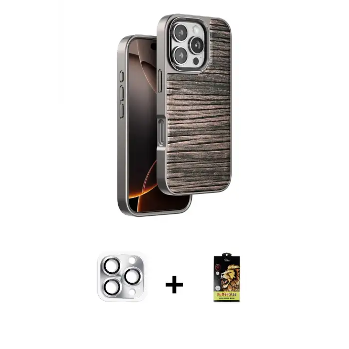 ieg™ iPhone 16 Pro Max Kılıf Atlas Minimal Özel Seri - Siyah Buffer Cam Ekran Koruyucu + Pers Alüminyum Kamera Lens - GS