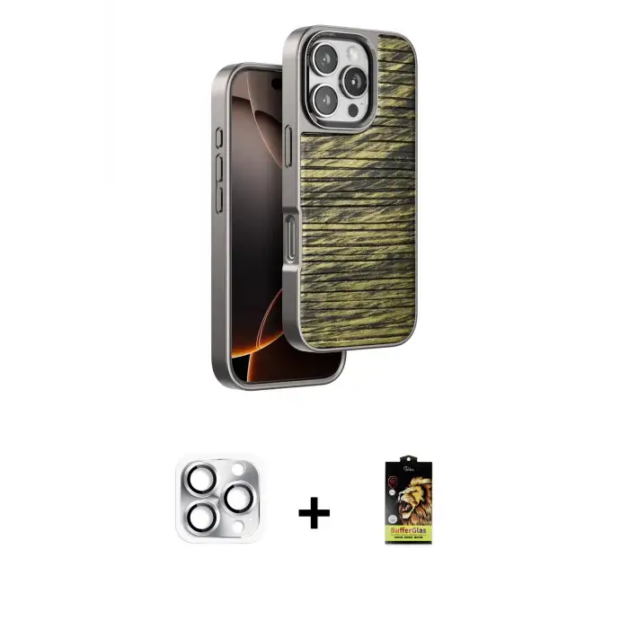 ieg™ iPhone 16 Pro Max Kılıf Atlas Minimal Özel Seri - Siyah Buffer Cam Ekran Koruyucu + Pers Alüminyum Kamera Lens - GS