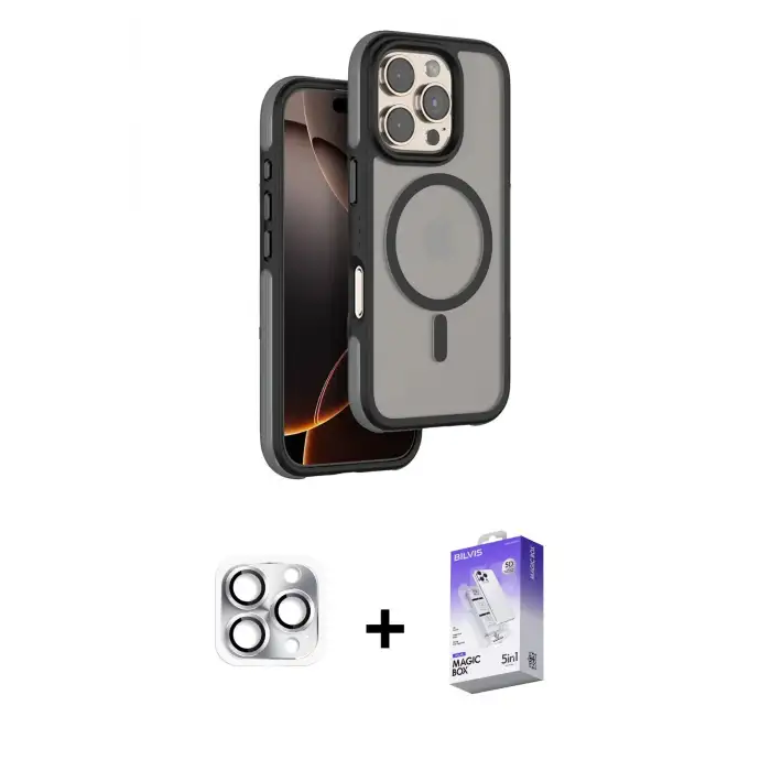 ieg™ iPhone 16 Pro Max Kılıf Çekirdek Minimal Prime - Siyah Bilvis 5in1 3D Magic Cam Ekran Koruyucu + Pers Alüminyum Kamera Lens - GS