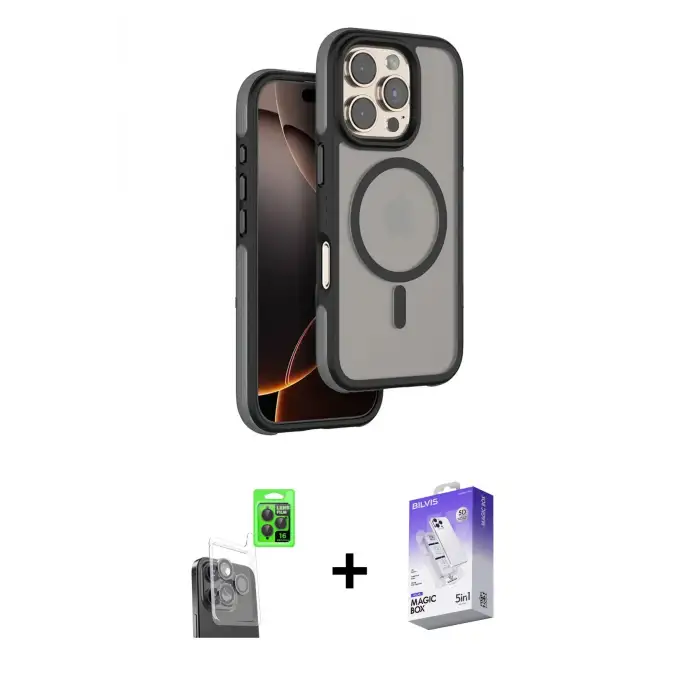 ieg™ iPhone 16 Pro Max Kılıf Çekirdek Minimal Prime - Siyah Bilvis 5in1 3D Magic Cam Ekran Koruyucu + Raze Metal Kamera Lens - SH
