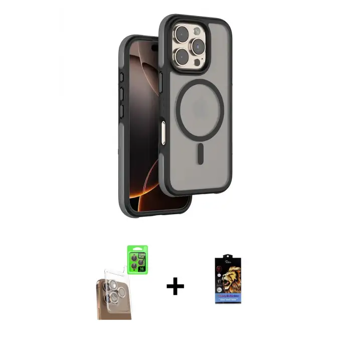 ieg™ iPhone 16 Pro Max Kılıf Çekirdek Minimal Prime - Siyah Buffer Hayalet Cam Ekran Koruyucu + Raze Metal Kamera Lens - CLTM