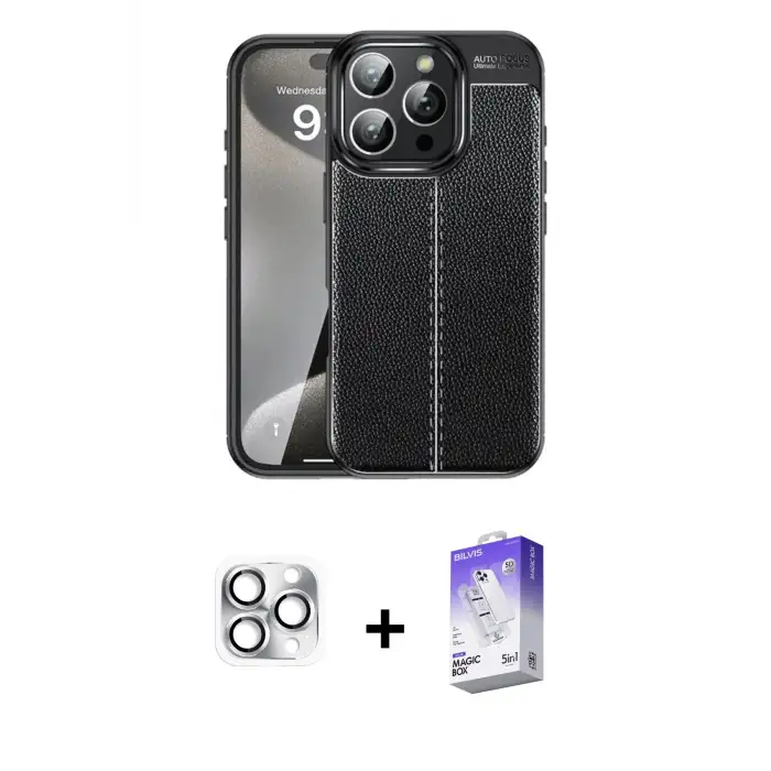 ieg™ iPhone 16 Pro Max Kılıf Doruk Klasik Özel Seri - Siyah Bilvis 5in1 3D Magic Cam Ekran Koruyucu + Pers Alüminyum Kamera Lens - GS